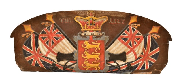 English Carved & Polychromed-Painted Wood Ship's Stern Boar, The Lily