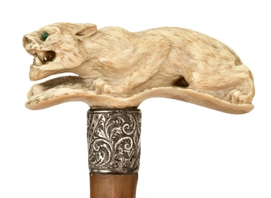 Carved Bone & Wood Walking Stick with Panther