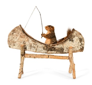 A Squirrel in a Birch Wood Canoe with Stand