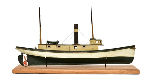 Carved & Painted Wood Model of a Tugboat with Clockwork Mechanism