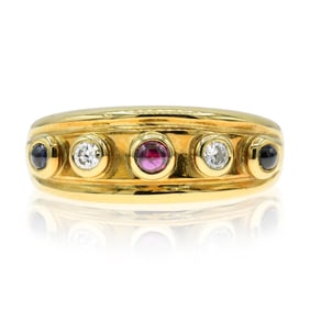 18K Yellow Gold, Diamond & Ruby & Sapphire Ring