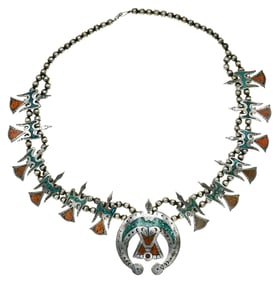 Sterling Silver, Turquoise & Red Coral Mosaic Peyote Bird Squash Blossom Necklace