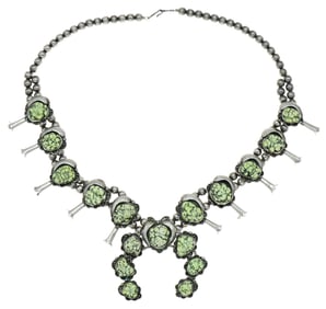 Sterling Silver & Lime Green Turquoise Squash Blossom Necklace
