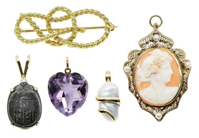 Group of Yellow Gold Pendants & Brooches