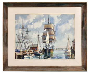 Louis Sylvia (Massachusetts, 1911-1987), Harbor Scene with the Charles W. Morgan Ship