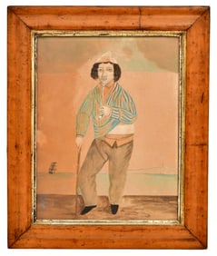 Folk Art Portrait of a Man with a Sailing Ship in the Distance, Mixed Media, 20th Century