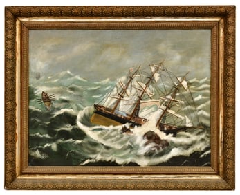 American School, Shipwreck Painting, Oil on Board, 19th Century