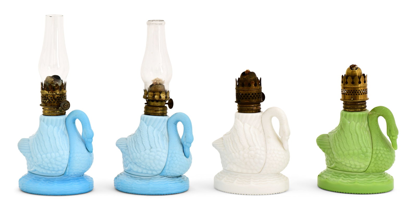 Four American Swan-Form Miniature Oil Lamp Bases: Four American Swan-Form Miniature Oil Lamp Bases 19th century 8 x 4 x 2 3/4 inches (largest) Literature: Frank R. Smith and Ruth E. Smith, "Miniature Lamps," 1981, Figure 499. Provenance: Th