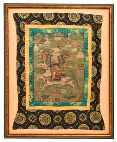 Framed Burmese Thangka Painting of a Figure on Horseback