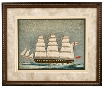 Framed Needlepoint of a Sailing Ship