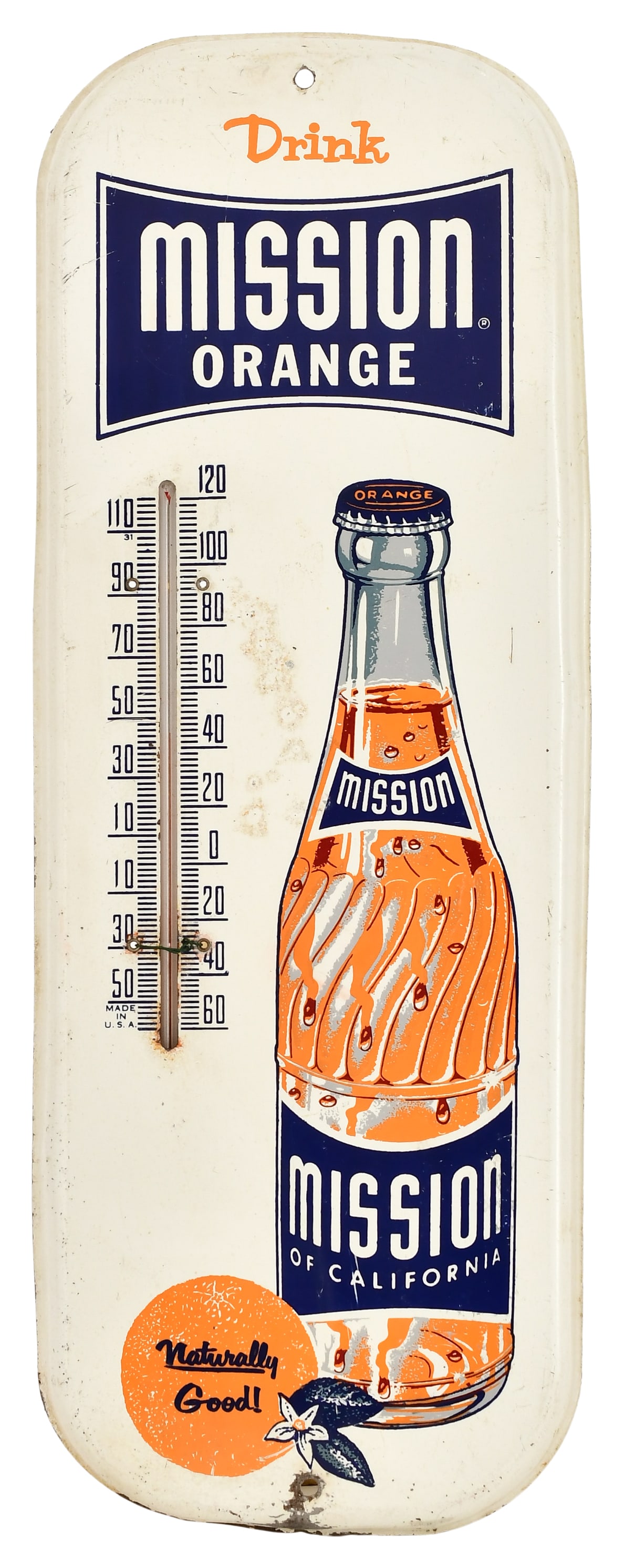 Mission Orange Soda Tin Thermometer: Mission Orange Soda Tin Thermometermid-20th century16 x 6 inchesProvenance: Private Collection, New YorkOther Notes: Fontaine's Auction Gallery can arrange shipping for this item (USA only).