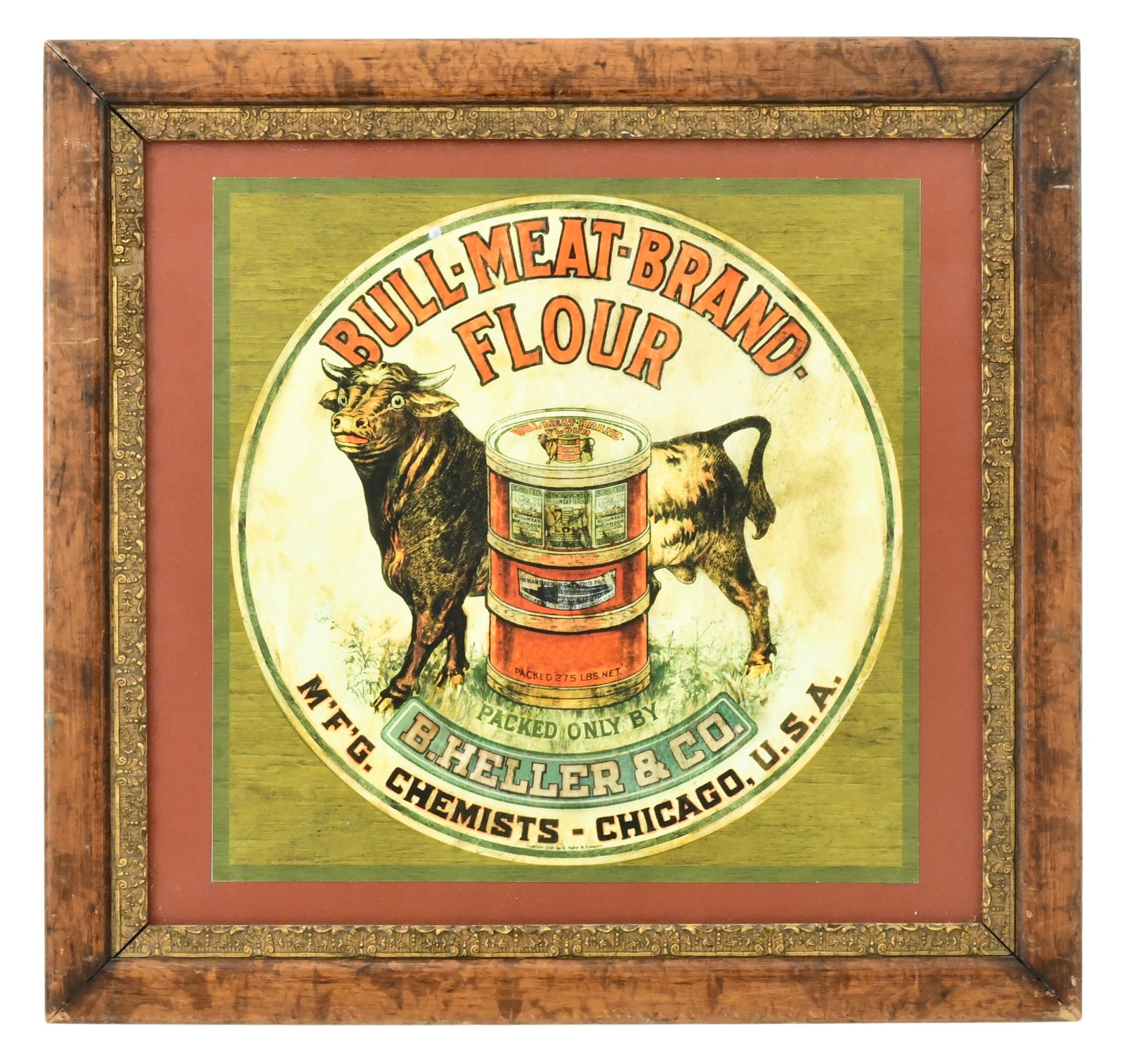 Bull-Meat-Brand Flour Paper Advertisement, B. Heller & Co.: Bull-Meat-Brand Flour Paper Advertising Print, B. Heller & Co. late 20th century 29 1/4 x 30 inches Provenance: The Harold F. Wright Estate, McPherson, Kansas