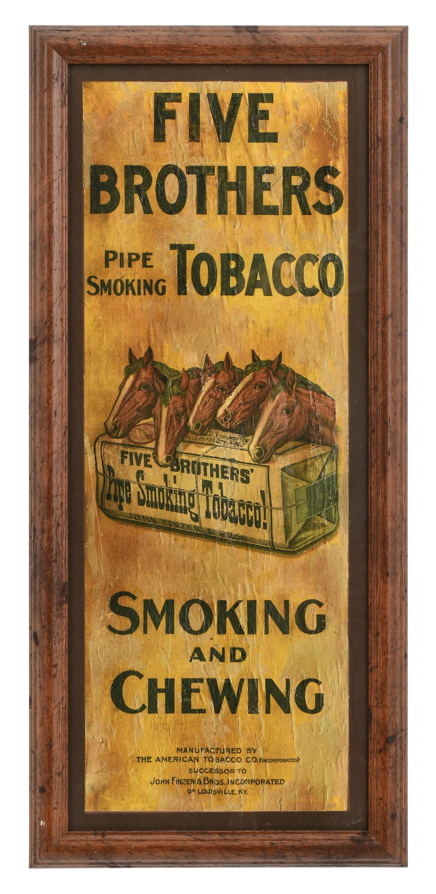 Reproduction Five Brothers Pipe Smoking Tobacco Paper Advertising Sign: Reproduction Five Brothers Pipe Smoking Tobacco Paper Advertising Sign 26 1/2 x 12 inches Provenance: The Harold F. Wright Estate, McPherson, Kansas