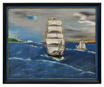 American School, Sailing Ships by the Coast, Oil on Canvas, 19th Century
