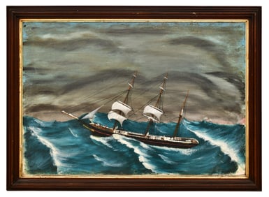 American School, Sailing Ship in a Storm, Oil on Canvas, 19th Century