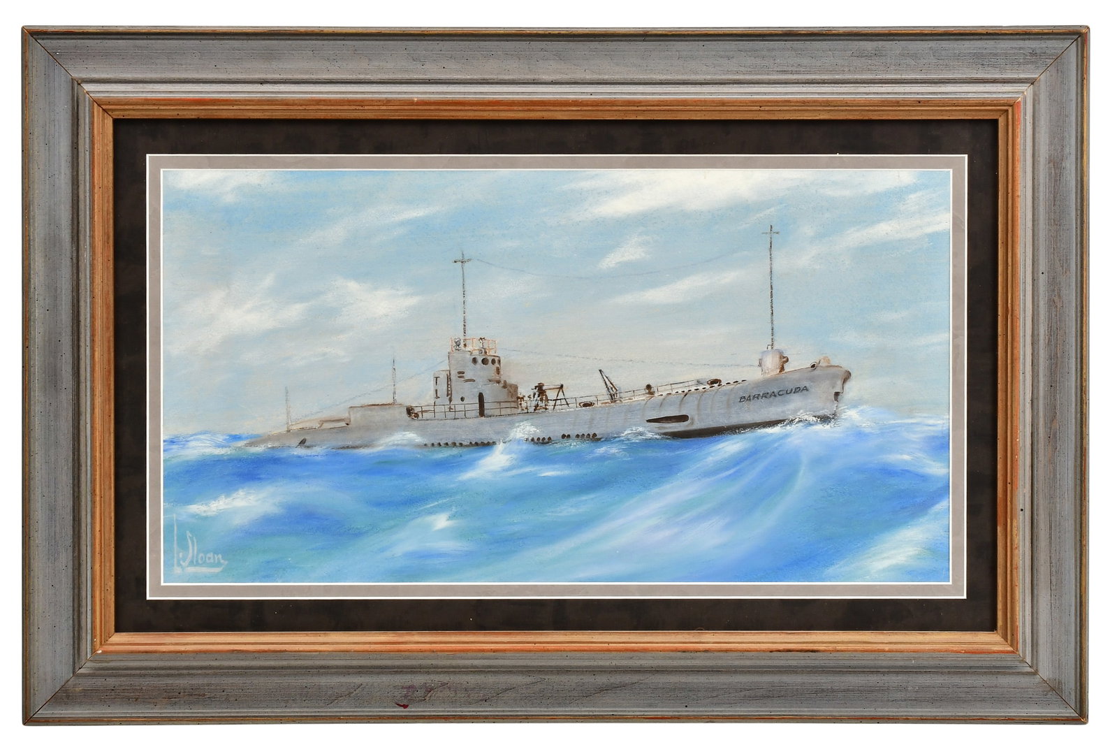 USS Barracuda, Watercolor, L. Sloan: USS Barracuda, Watercolor, L. Sloan circa 1924 signed "L. Sloan" (lower left) and inscribed "USS Barracuda, ex. V-1, 1924" (verso) 11 x 21 inches (sight) 18 3/4 x 28 1/2 inches (fr