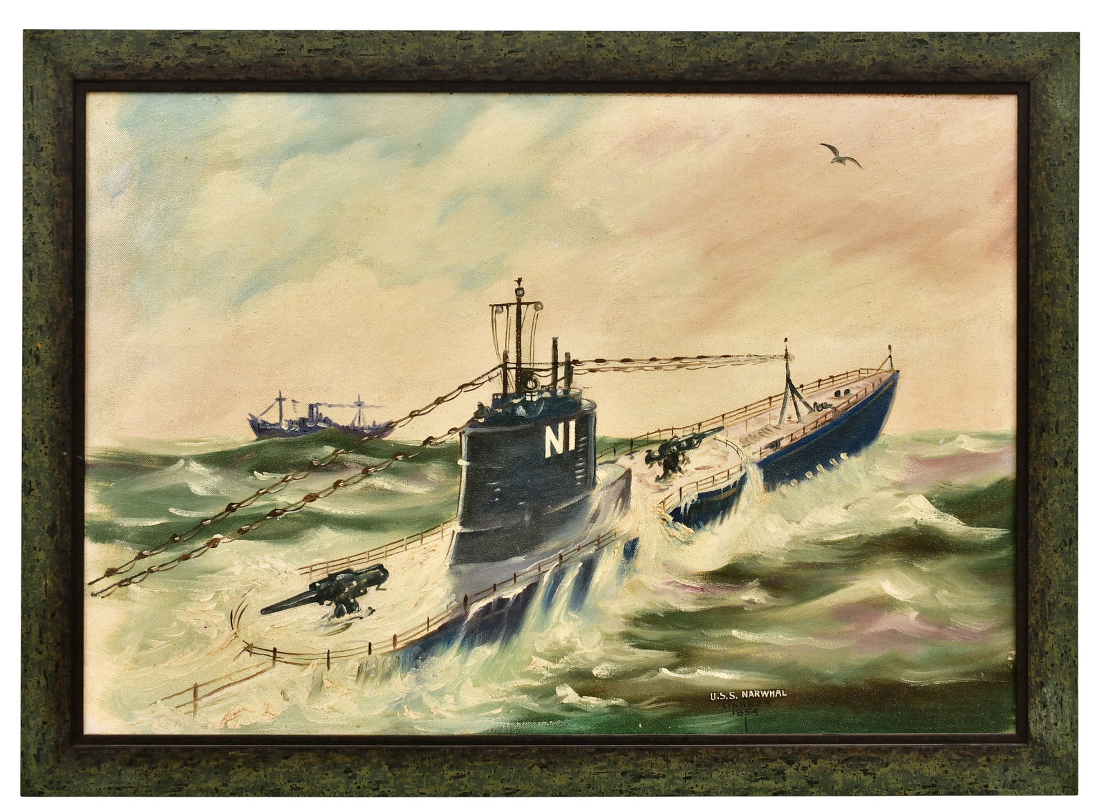 USS Narwhale, Oil on Board, Linares, 1954: USS Narwhale, Oil on Board, Linares, 1954 16 1/2 x 24 inches (sight) 20 x 27 1/2 inches (frame) Provenance: Property from the Collection of Eugene Dalzell, Egremont, Massachusetts and Ormond Beach, Fl