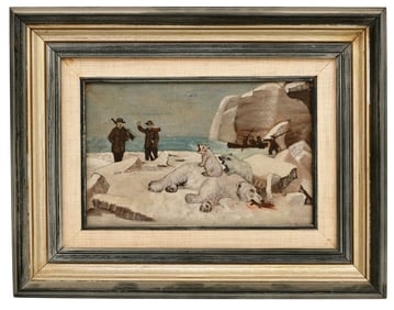 Folk Art Painting of Polar Bears & Hunters, Oil on Board, 20th Century, Signed E.M. Russel