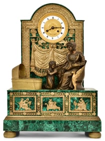 A Fine French Empire Gilt Bronze-Mounted Malachite Figural Mantel Clock, Corub A Paris