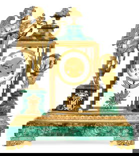 A Fine French Gilt Bronze & Malachite Mantel Clock: A Fine French Gilt Bronze & Malachite Mantel Clockcirca 1840-1845the crystal regulator clock flanked by an angel with harp and pedestal with wreath, the dial with engine-turned center, porcelain chapt