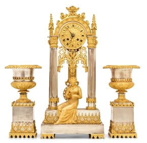 French Gothic Revival Gilt & Silvered Bronze Clock Garniture