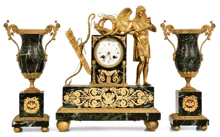 French Empire-Style Gilt Bronze & Verde Antico Marble Figural Clock Garniture