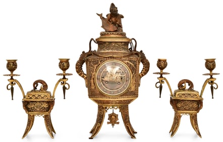 A Fine French Chinoiserie Bronze Clock Garniture