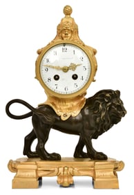 French Louis XVI-Style Lion-Form Bronze Mantel Clock