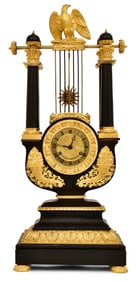 French Empire Gilt Bronze & Ebonized Wood Four-Post Lyre Clock