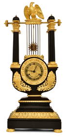 French Empire Gilt Bronze & Ebonized Wood Four-Post Lyre Clock (1 of 8)