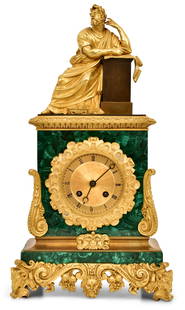 A Fine French Gilt Bronze-Mounted Malachite Mantel Clock: A Fine French Gilt Bronze-Mounted Malachite Mantel Clockcirca 1800-1820the case surmounted by a classical figure with pen and paper, the dial with Roman hour numerals and open moon hands, brass 8-day