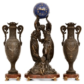 French Bronze & Marble Figural Clock Garniture