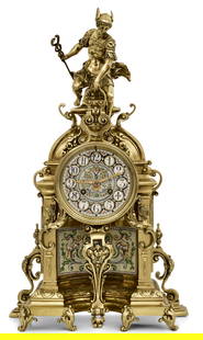 Tiffany & Co. Gilt Bronze Figural Mantel Clock: Tiffany & Co. Gilt Bronze Figural Mantel Clockcirca 1900the case surmounted by Mercury above scrollwork, maiden busts and plaques, the porcelain dial with Arabic hour numerals and decorated with flowe