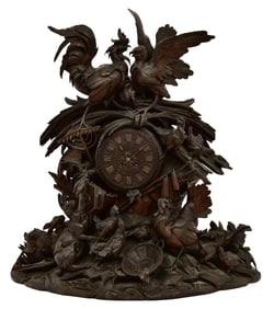 Black Forest Carved Wood Figural Mantel Clock
