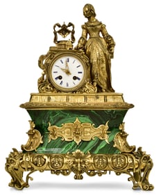 French Regency Gilt Bronze & Malachite Figural Mantel Clock