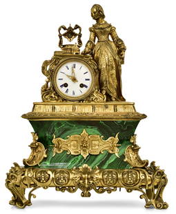 French Regency Gilt Bronze & Malachite Figural Mantel Clock: French Regency Gilt Bronze & Malachite Figural Mantel Clockearly 19th centurythe case surmounted by a Victorian woman above scrollwork and mythical faces, the porcelain dial with Roman hour numerals,