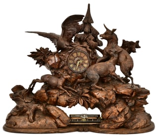 A Monumental Black Forest Carved Musical Mantel Clock