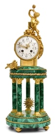 French Louis XVI-Style Gilt Bronze-Mounted Malachite Mantel Clock