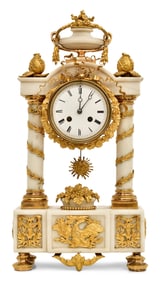 French Louis XVI Ormolu-Mounted White Marble Portico Clock, Maison Wurtel, Paris