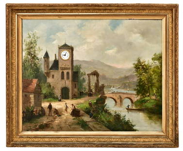 Jean Marie Phalibois Musical Picture Clock: Jean Marie Phalibois Musical Picture Clocklate 19th centuryoil on canvas of a village with a functional clock in the tower, gilded frame, three French ebauche movements and a music box, morbier repeat