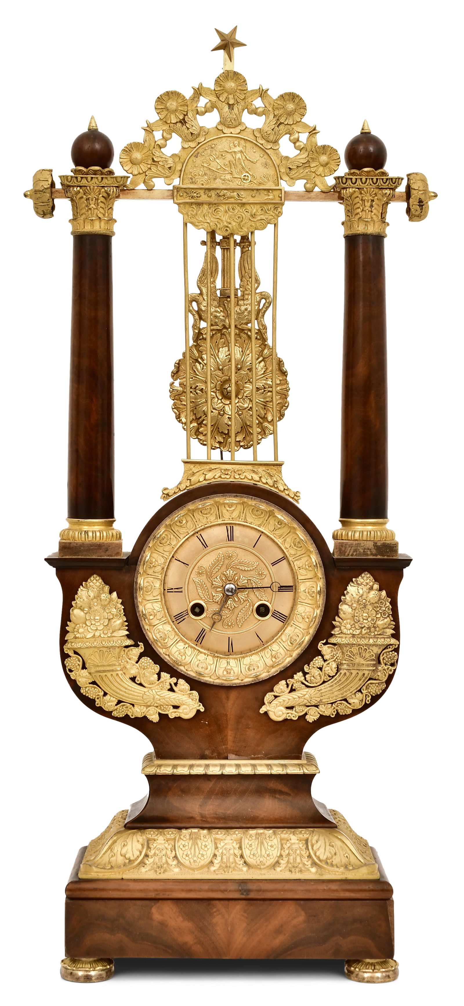 French Empire Gilt Bronze-Mounted Mahogany Lyre Clock (1 of 8)