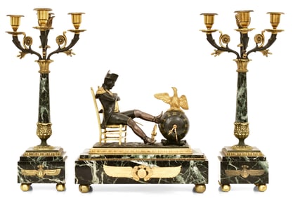 French Bronze-Mounted Marble Clock Garniture with Napoleon