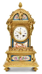 Raingo Freres & Sevres Gilt Bronze & Porcelain Mantel Clock: Raingo Freres & Sevres Gilt Bronze & Porcelain Mantel Clockcirca 1825the domed top with pineapple finial and cherub, above four winged Caryatids, foliate and hand-painted porcelain panels of flowers a