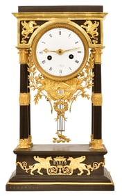 French Empire Gilt & Patinated Bronze-Mounted Portico Clock