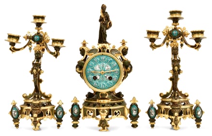 French Bronze & Porcelain Figural Clock Garniture