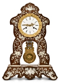 French Inlaid Mahogany & Brass Portico Clock