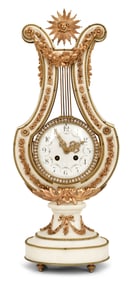 French Louis XVI-Style Gilt Bronze & Marble "Jeweled" Lyre Mantel Clock