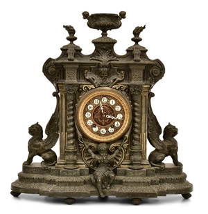 Ansonia Clock Co. "California" Mantel Clock: Ansonia Clock Co. "California" Mantel Clockcirca 1891with a "Baredienne" finish spelter case, 8-day brass time and strike spring driven movement with brocot jeweled escapement, sig