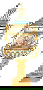 French Gilt Bronze-Mounted Sevres Porcelain Annular Clock: French Gilt Bronze-Mounted Sevres Porcelain Annular Clockcirca 1860the urn-form body with pinecone finial above foliate and a hand-painted scene of cherubs in a garden, the dial with Roman hour and Ar