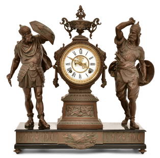 Ansonia Clock Co. "Combatants" Double Figural Mantel Clock: Ansonia Clock Co. "Combatants" Double Figural Mantel Clockcirca 1895patinated metal figures on a cast iron enameled base, 8-day brass time and strike spring driven movement with brocot escapement, sig